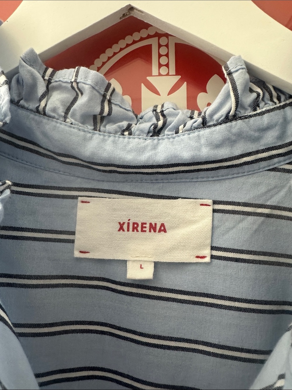XiRENA Brie Light Blue & Navy Striped Ruffle-Trim popover blouse - size L - Picture 2 of 3